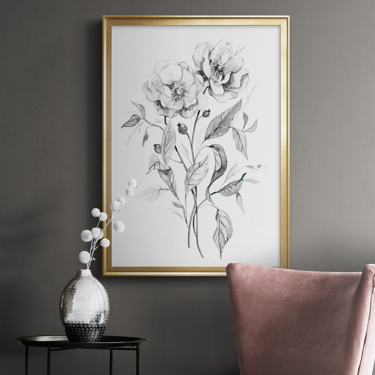 Wild Roses Sketch - Modern Framed Canvas Print