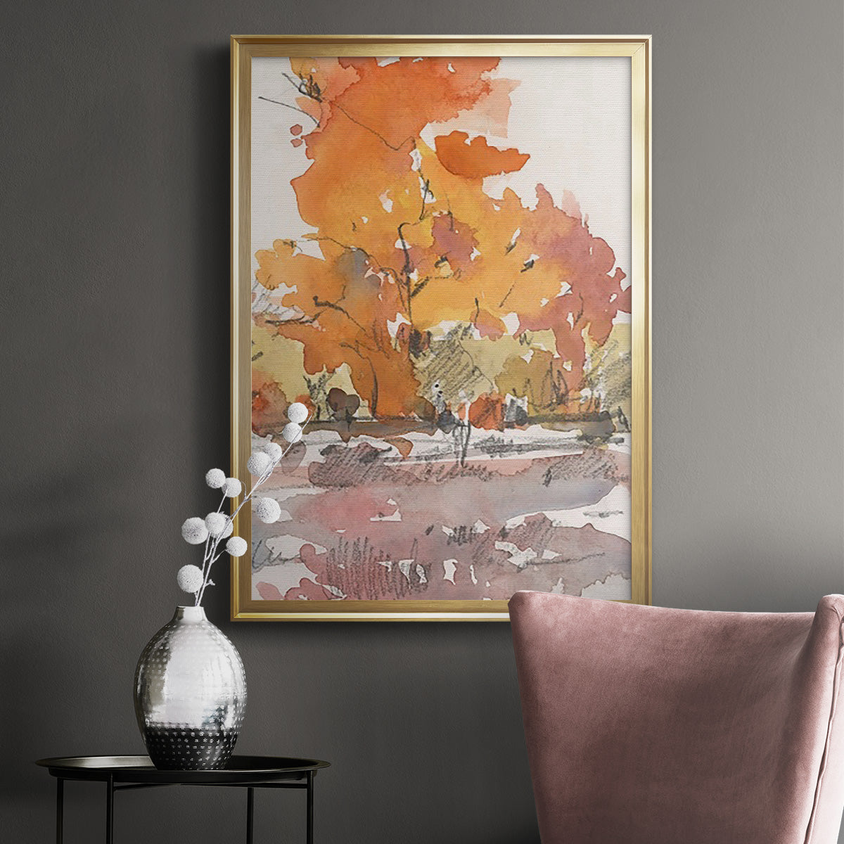 Watercolor Treeline Sketch II - Modern Framed Canvas Print