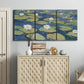 Three-panel canvas wall art featuring water lilies floating on pond, displayed above a cabinet in an entryway.