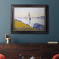 Impressionist coastal harbor at dusk by Paul Signac in an ornate black frame with gilded inner detail displayed in a dark-toned interior setting.