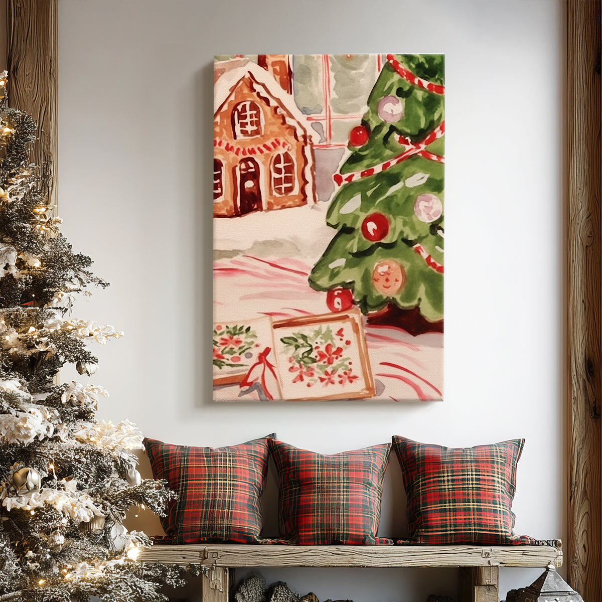 Manger of Tinsel-Gold Wreath - Canvas Art Print