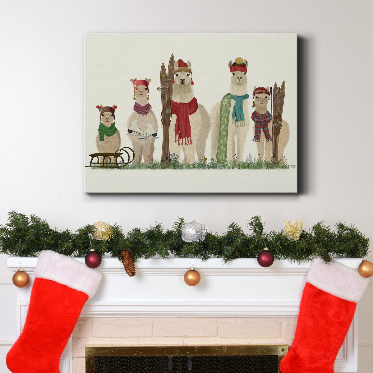 Llama Family Winter Sports - Premium Gallery Wrapped Canvas  - Ready to Hang