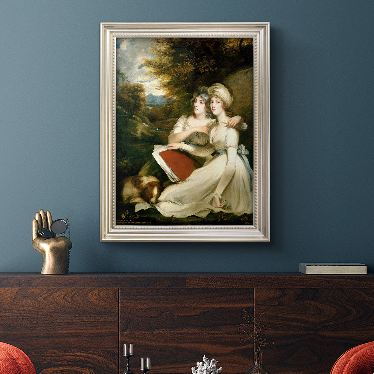 Classical portrait of the Frankland sisters by John Hoppner in an ornate champagne frame displayed in a dark-toned interior setting.