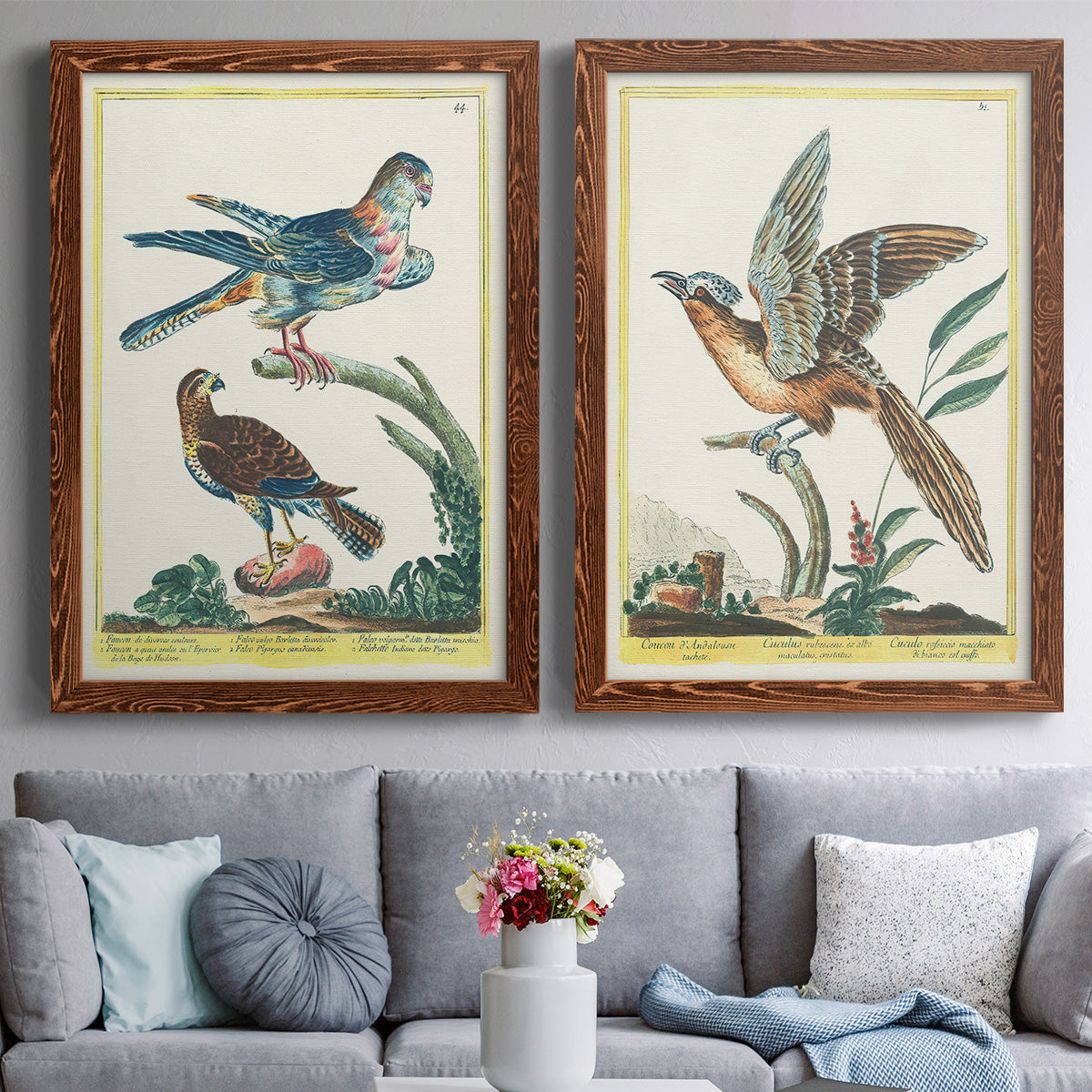 Set of two maple barnwood framed canvas prints depicting paired atmospheric abstract paintings with soft clustered strokes, hazy edges, and spacious white fields above a sofa in a contemporary living room.