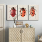 Three-panel canvas wall art featuring ladybugs on green foliage, displayed above a cabinet in an entryway.