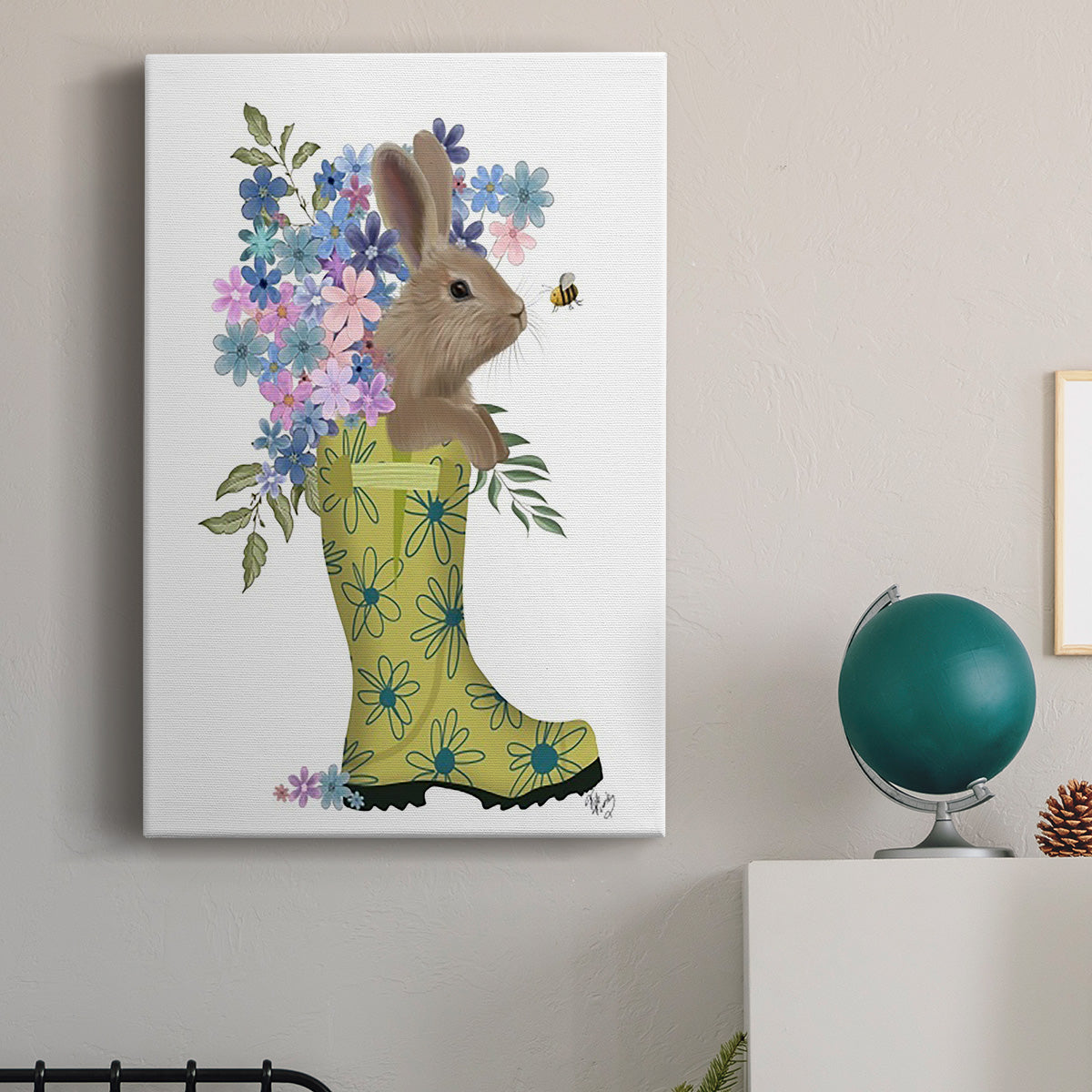 Welly Bunny And Bee Premium Gallery Wrapped Canvas - Ready to Hang