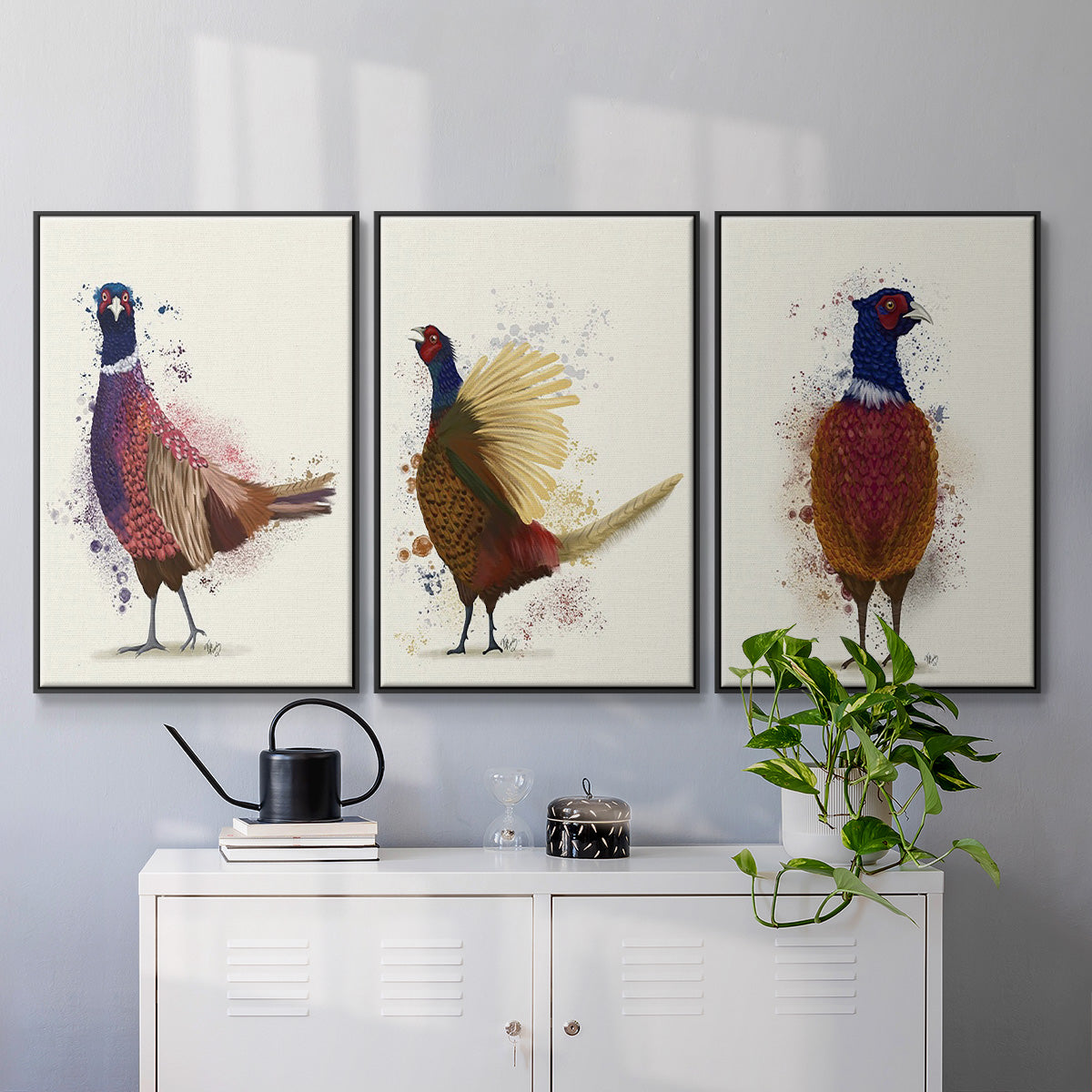 Pheasant Shooting Party 5 - Framed Premium Gallery Wrapped Canvas L Frame 3 Piece Set - Ready to Hang