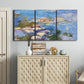 Three-panel canvas wall art featuring water lilies in blue and gold, displayed above a cabinet in an entryway.