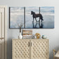 Three-panel canvas wall art featuring running horses captured mid stride, displayed above a cabinet in an entryway.
