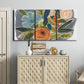 Three-panel canvas wall art featuring colorful botanical illustration, displayed above a cabinet in an entryway.