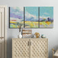 Three-panel canvas wall art featuring open landscape suggesting distant journey, displayed above a cabinet in an entryway.