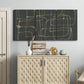 Three-panel canvas wall art featuring linear abstract conduit pattern, displayed above a cabinet in an entryway.