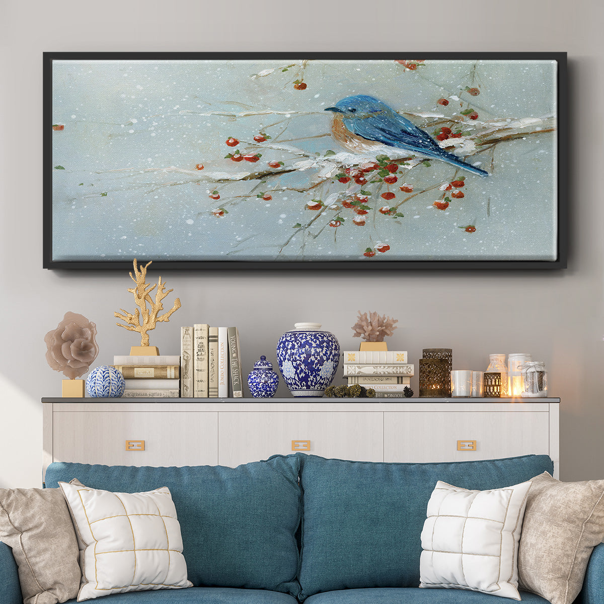 Blue Bird in Winter - Floater Framed Canvas Print