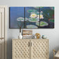 Three-panel canvas wall art featuring water lilies floating on pond, displayed above a cabinet in an entryway.