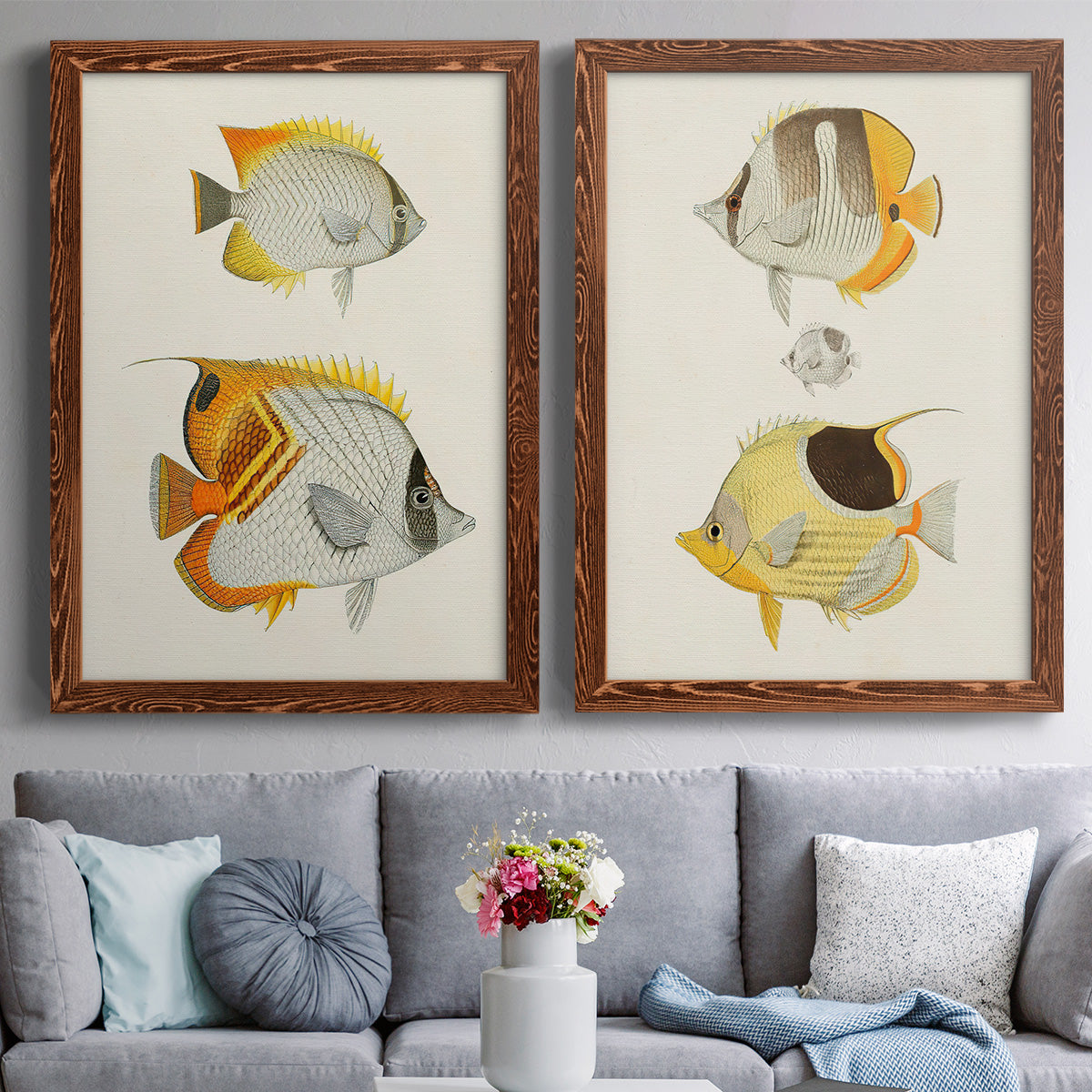 Yellow & Grey Fish I - Premium Framed Canvas 2 Piece Set - Ready to Hang