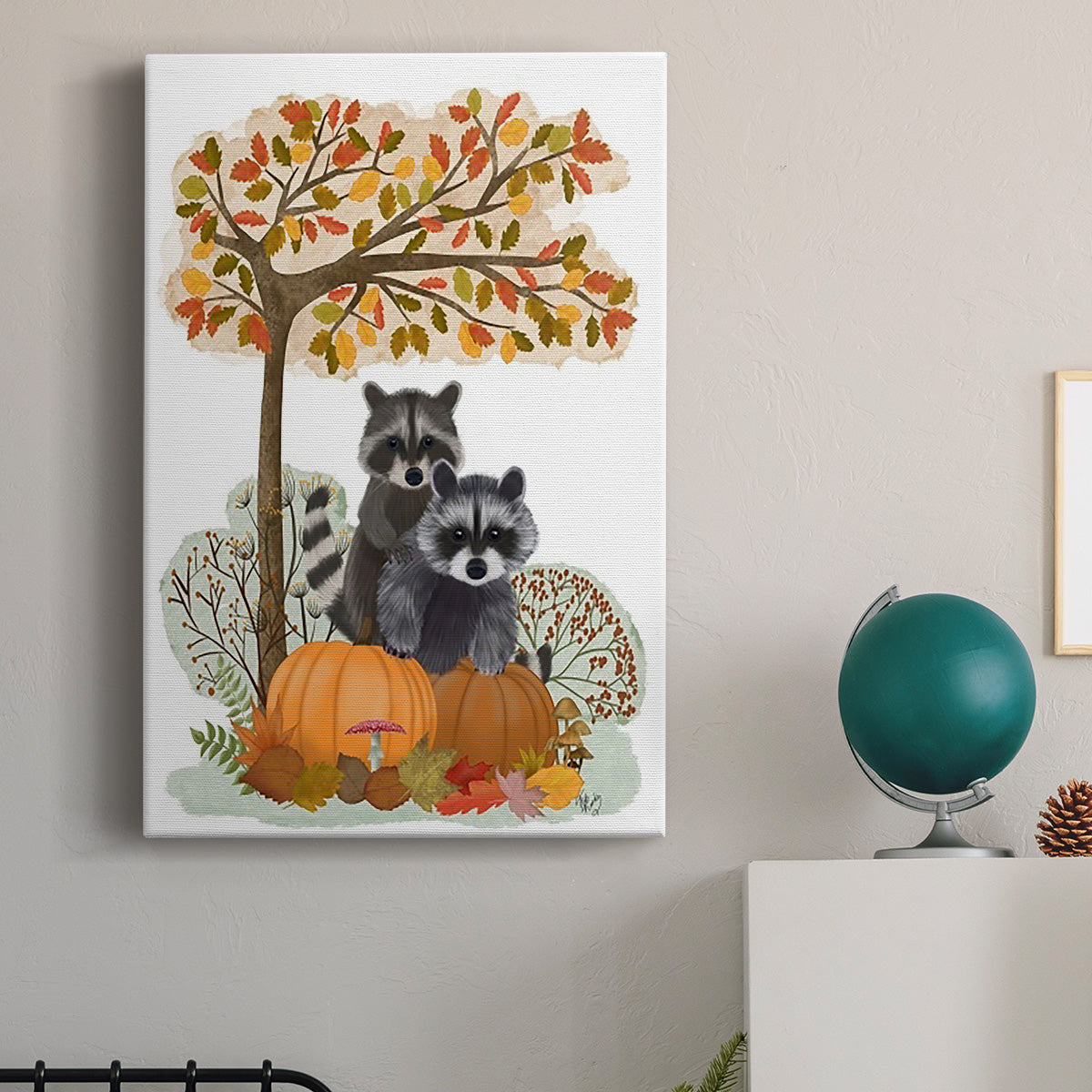 Raccoons On Pumpkins Under Tree Premium Gallery Wrapped Canvas - Ready to Hang