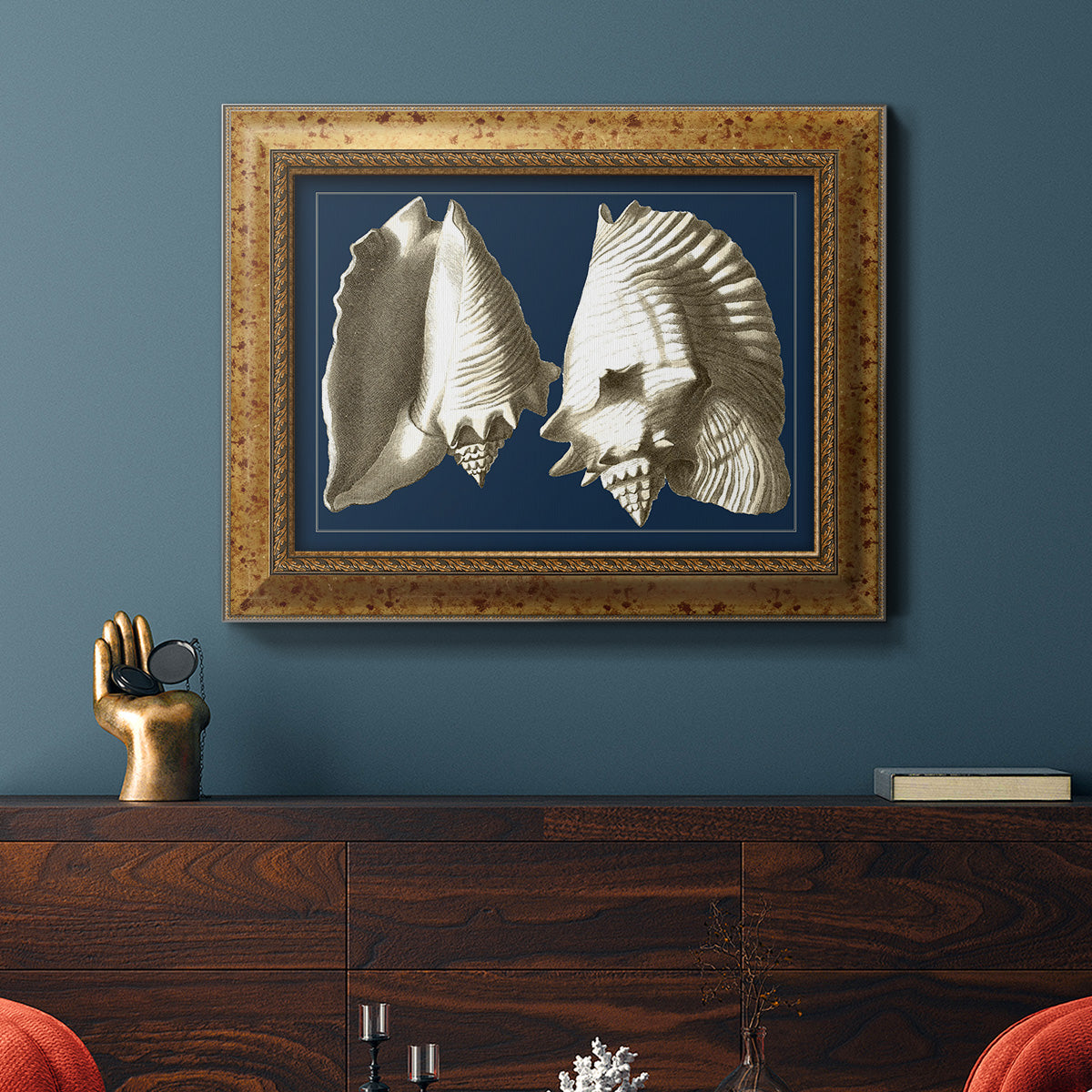 Conch Shells on Navy I Premium Framed Canvas- Ready to Hang