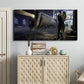 Three-panel canvas wall art featuring couple kissing at train station, displayed above a cabinet in an entryway.