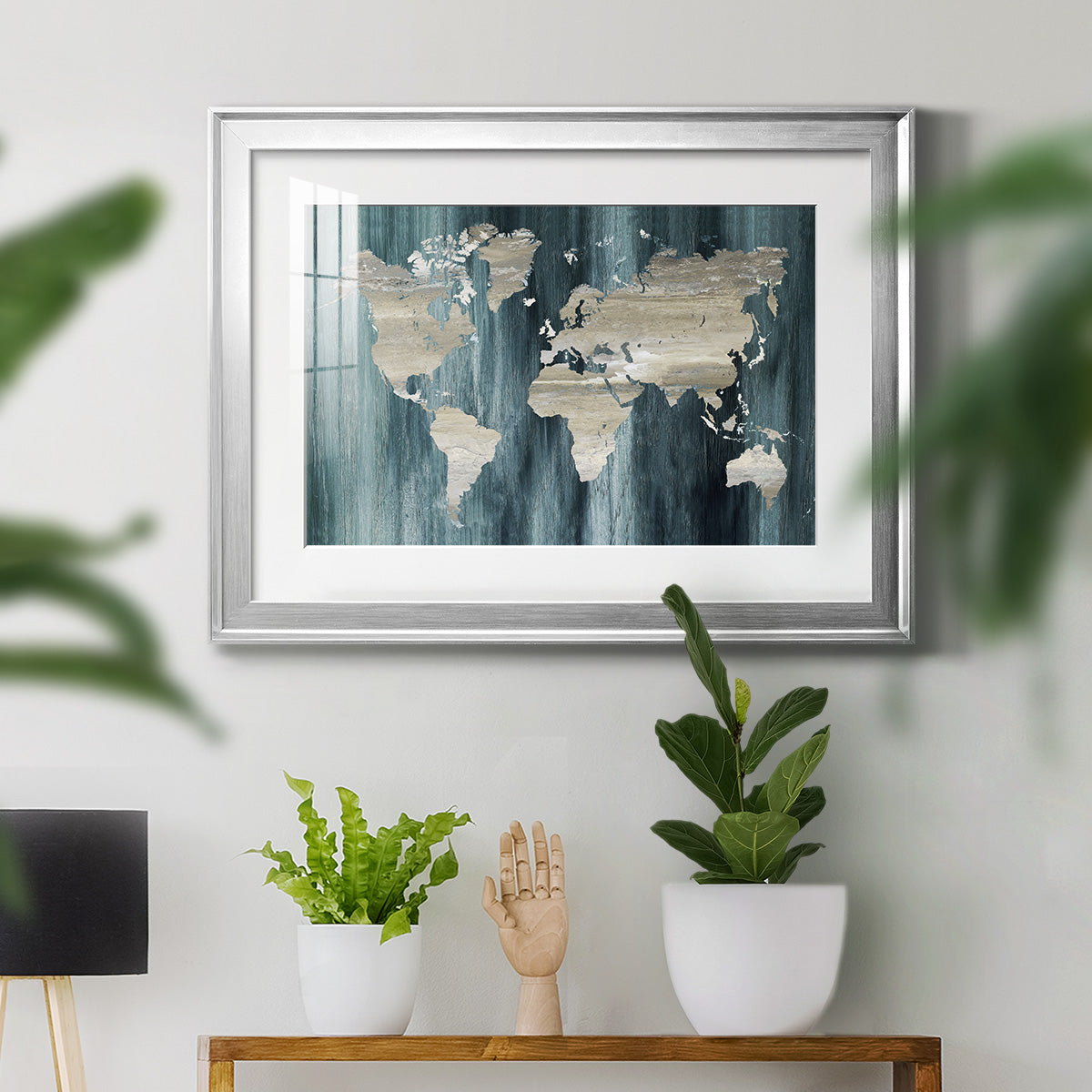 Navy World Map - Modern Framed Art Print