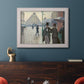 Impressionist urban street scene in the rain by Gustave Caillebotte in an ornate weathered white frame displayed in a dark-toned interior setting.