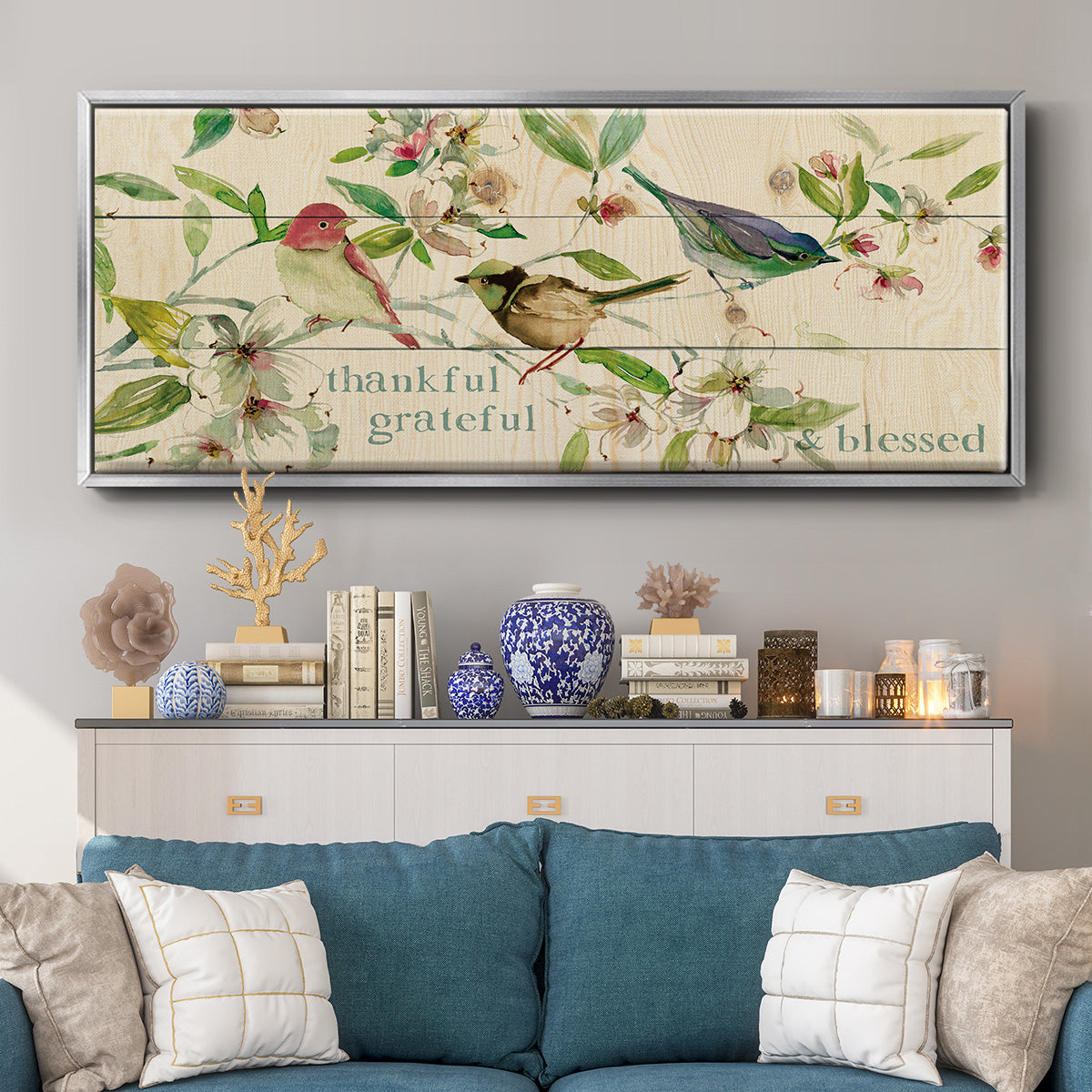 Grateful Thankful Blessed Birds - Floater Framed Canvas Print