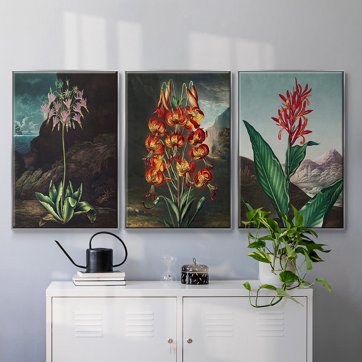 Temple of Flora I - Framed Premium Gallery Wrapped Canvas L Frame 3 Piece Set - Ready to Hang