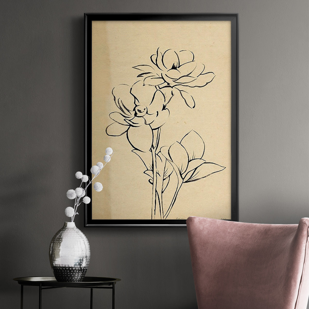 Magnolia Sketch II - Modern Framed Canvas Print