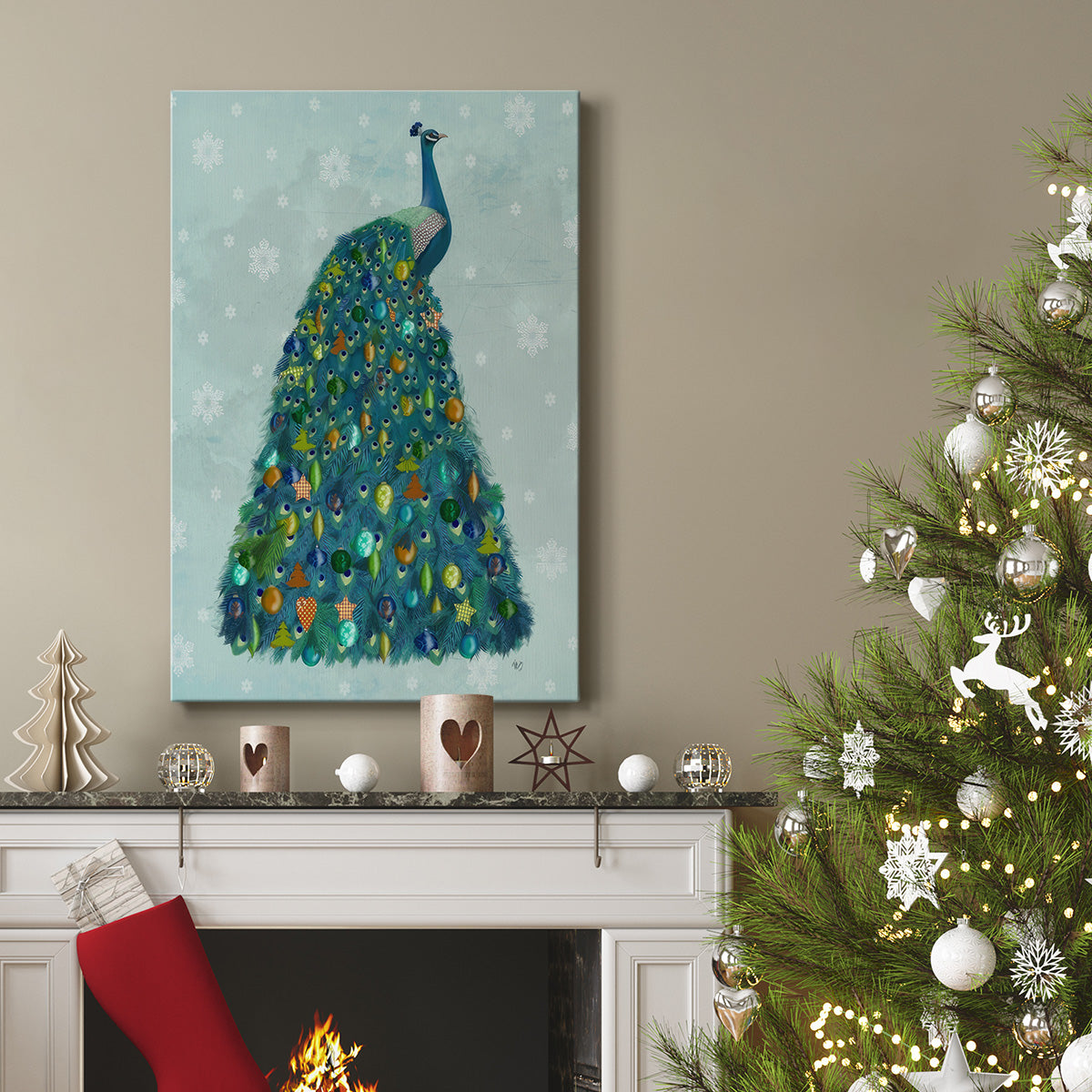 Christmas Peacock Christmas Tree - Gallery Wrapped Canvas