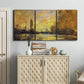 Three-panel canvas wall art featuring quiet river branch landscape, displayed above a cabinet in an entryway.