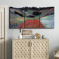 Three-panel canvas wall art featuring poppy field in shallow valley, displayed above a cabinet in an entryway.