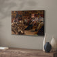 Canvas wall art showing a Baroque narrative scene of a woman kneeling among a crowd with soft shadow detail.