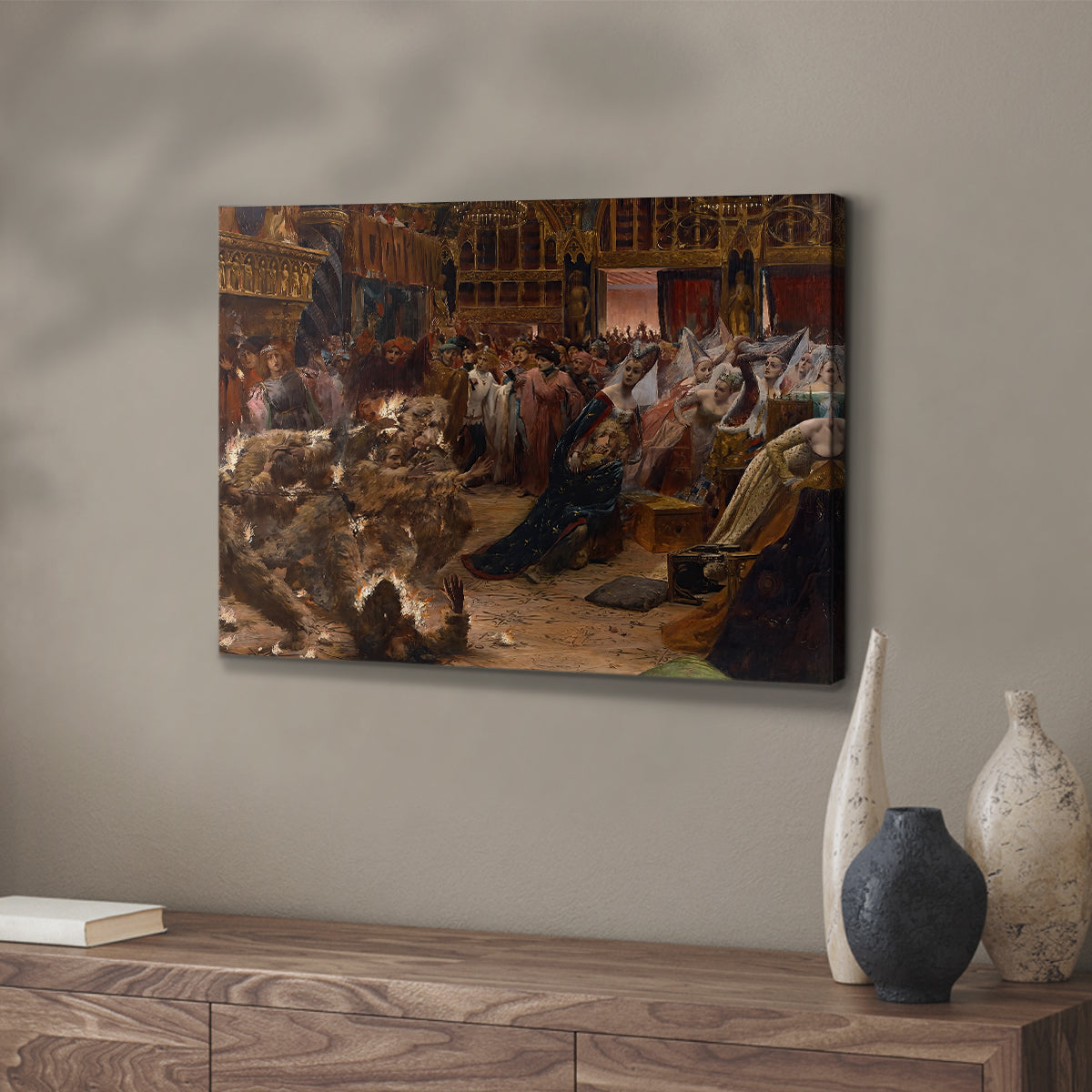 Canvas wall art showing a Baroque narrative scene of a woman kneeling among a crowd with soft shadow detail.