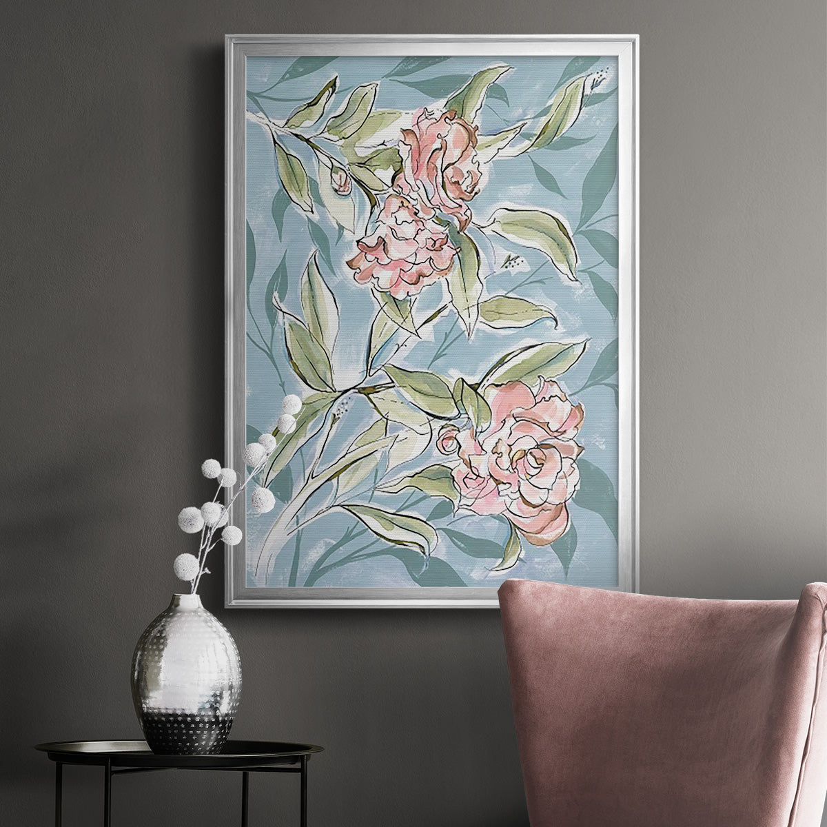 Faded Camellias I - Modern Framed Canvas Print
