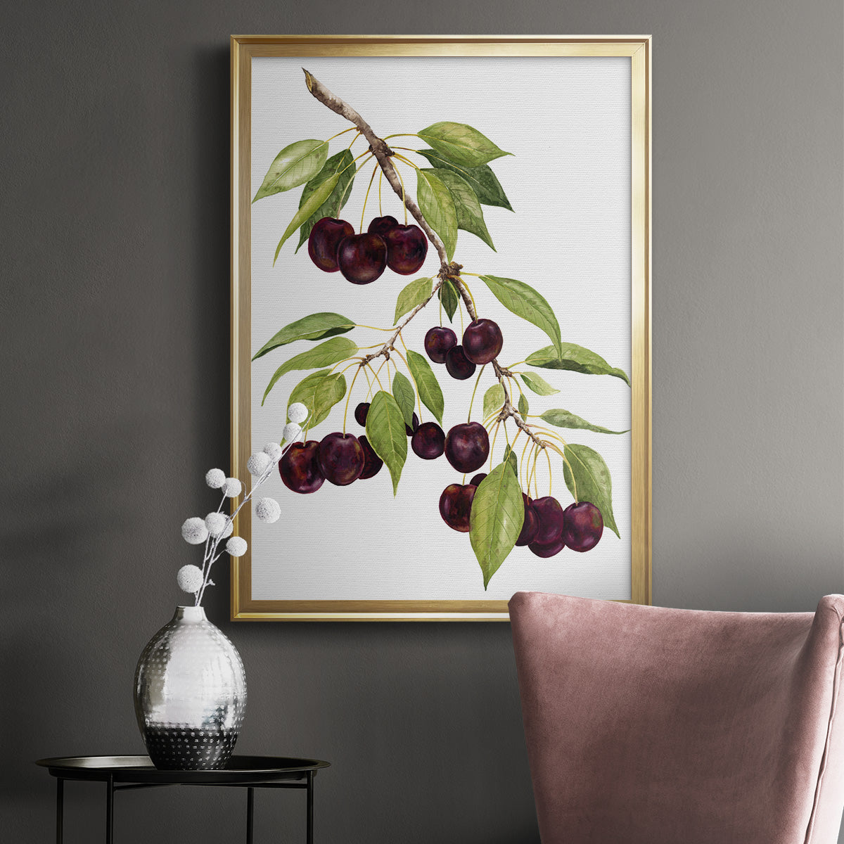 Watercolor Cherries - Modern Framed Canvas Print