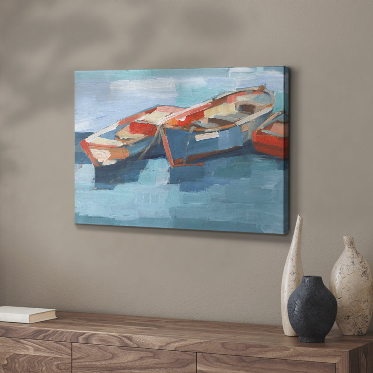 Colorful boats float calmly on the water, capturing a serene maritime atmosphere in a vibrant artistic style