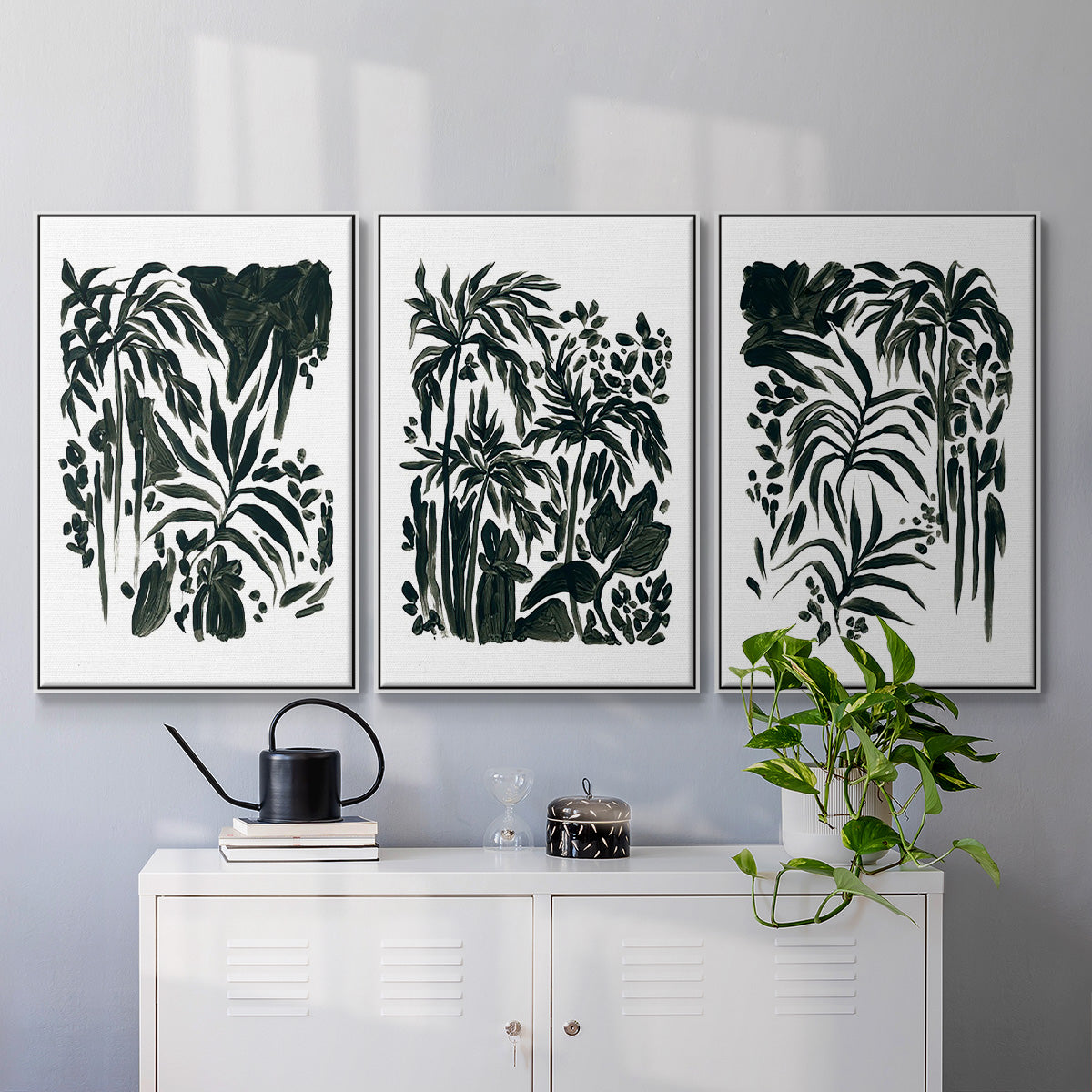 Ink Jungle I - Framed Premium Gallery Wrapped Canvas L Frame 3 Piece Set - Ready to Hang