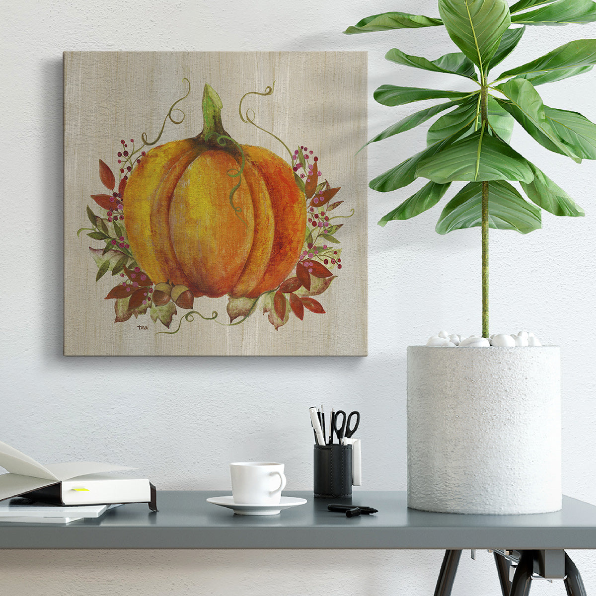 Fall Pumpkin with Leaves-Premium Gallery Wrapped Canvas - Ready to Hang