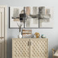 Three-panel canvas wall art featuring urban abstract watercolor oasis, displayed above a cabinet in an entryway.