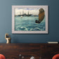 Impressionist naval seascape with the Kearsarge by Édouard Manet in an ornate weathered white frame displayed in a dark-toned interior setting.
