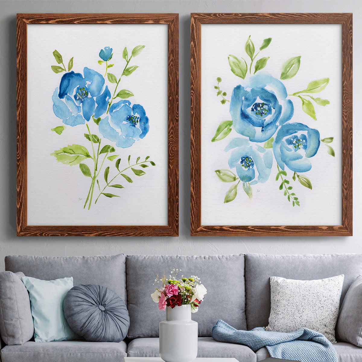 Blue Morning Bouquet I - Premium Framed Canvas 2 Piece Set - Ready to Hang