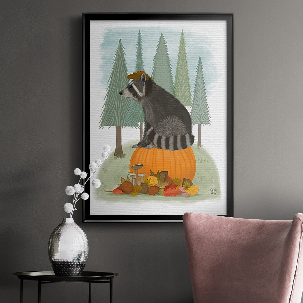 Raccoon On Pumpkin - Modern Framed Canvas Print