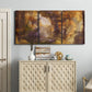 Three-panel canvas wall art featuring abstract architectural landscape, displayed above a cabinet in an entryway.