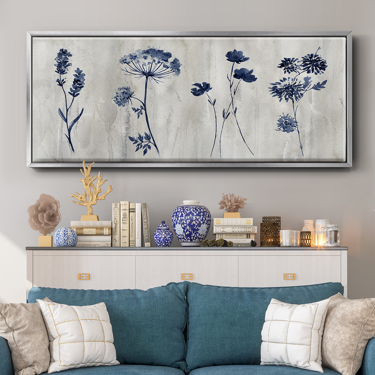 Indigo Row - Floater Framed Canvas Print