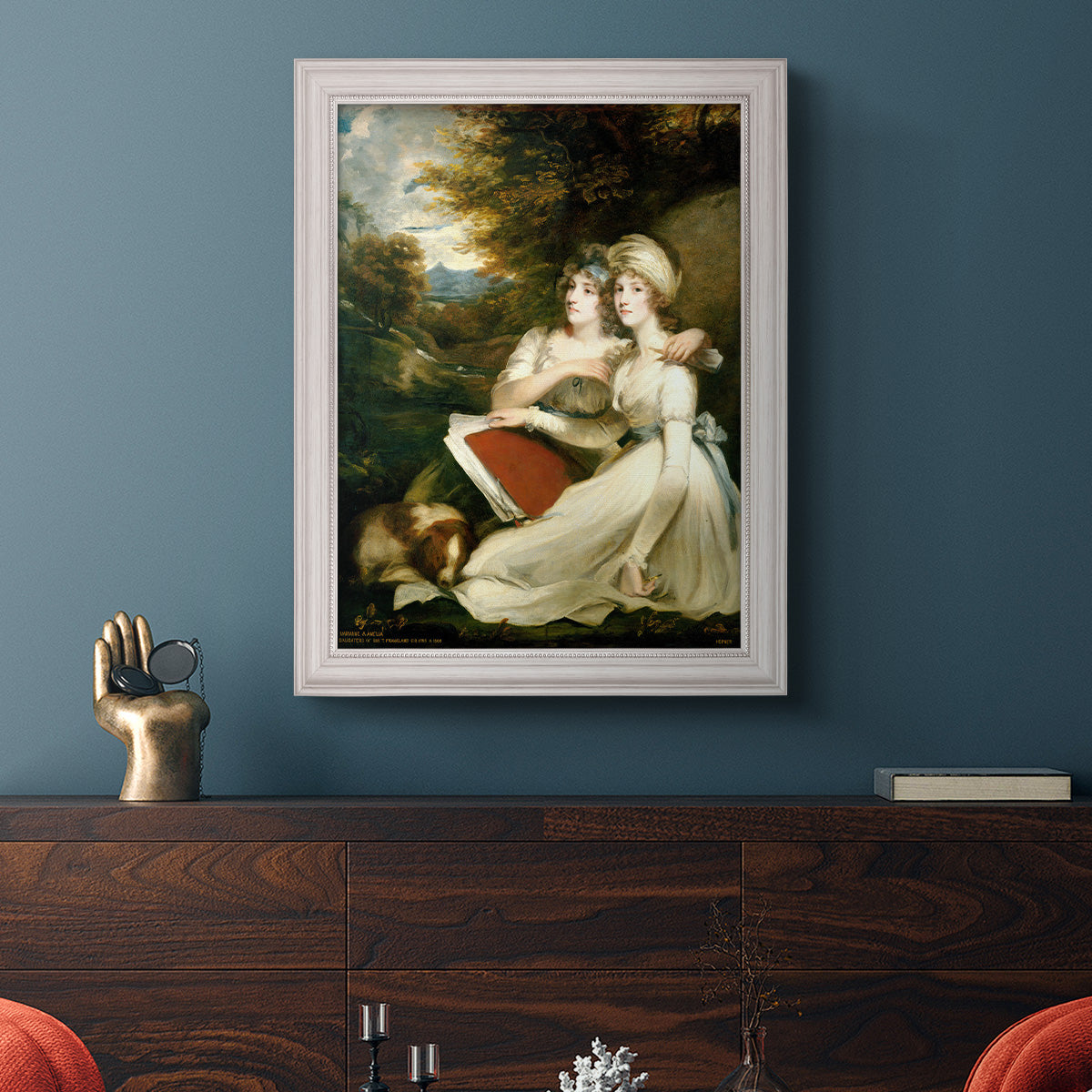 Classical portrait of the Frankland sisters by John Hoppner in an ornate weathered white frame displayed in a dark-toned interior setting.
