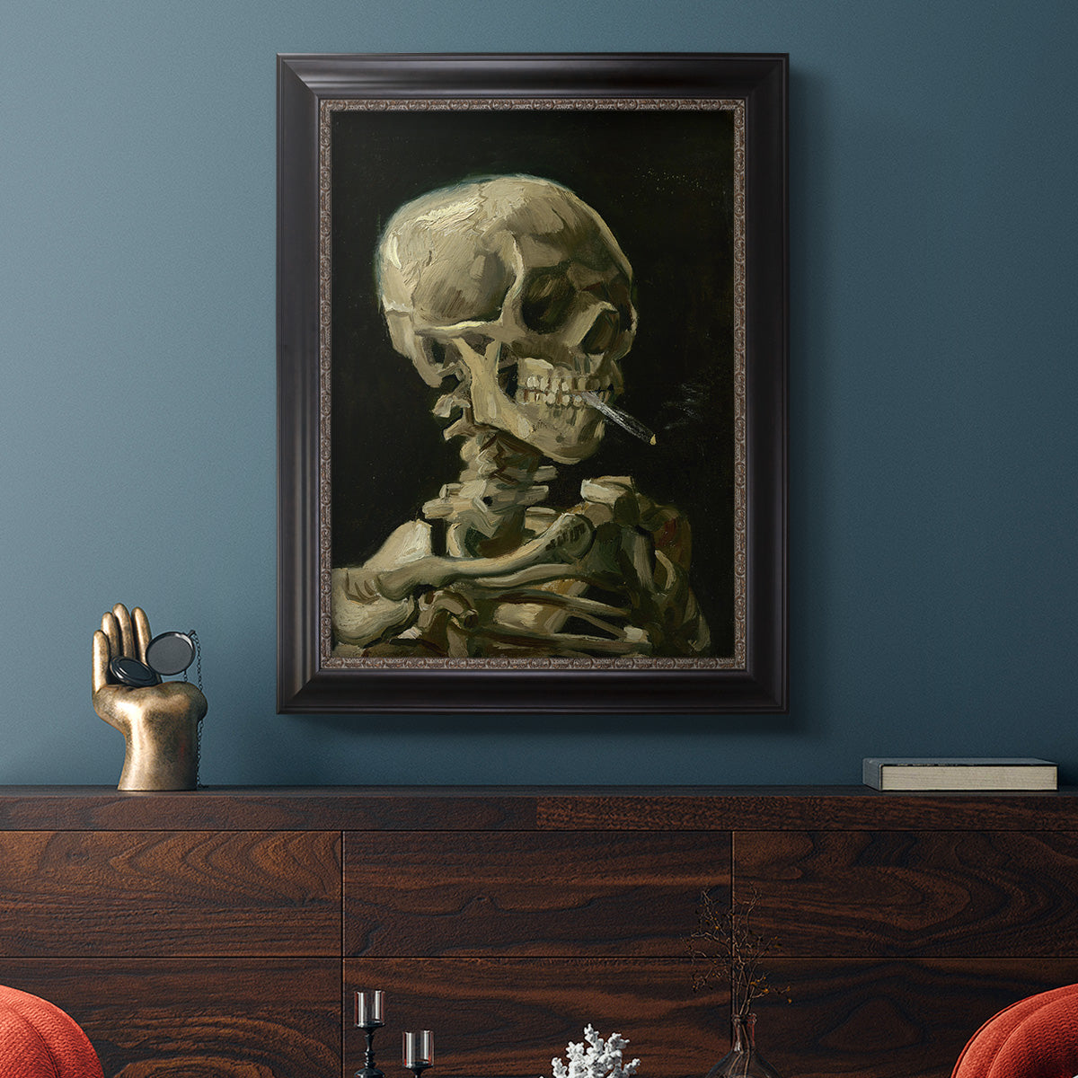 Head of a Skeleton with a Burning Cigarette - Ornate Framed Canvas Print