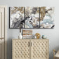 Three-panel canvas wall art featuring marbled modern abstract textures, displayed above a cabinet in an entryway.