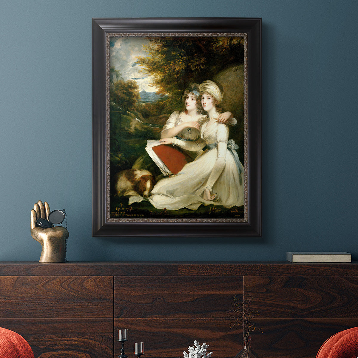 Classical portrait of the Frankland sisters by John Hoppner in an ornate black frame with gilded inner detail displayed in a dark-toned interior setting.