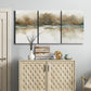 Three-panel canvas wall art featuring soft abstract mirrored reflections, displayed above a cabinet in an entryway.