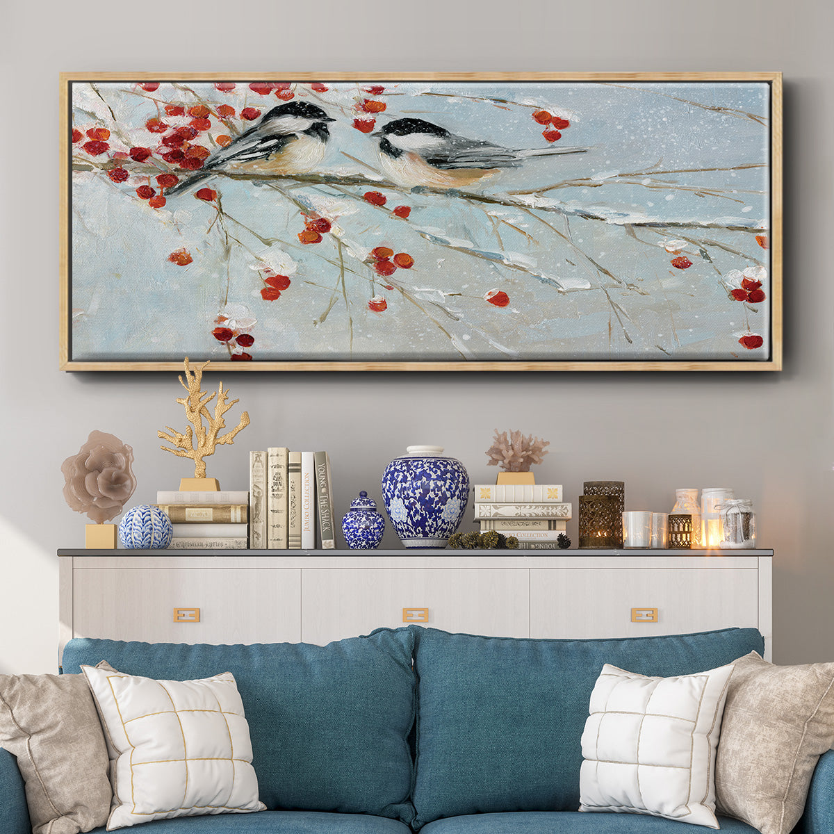 Chickadees in Winter - Floater Framed Canvas Print