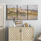 Three-panel canvas wall art featuring village overlooking river valley, displayed above a cabinet in an entryway.